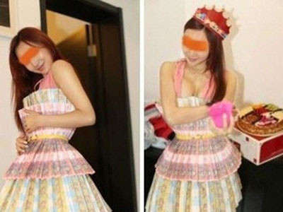 Cô gái khoe váy 700 triệu làm bằng tiền mặt