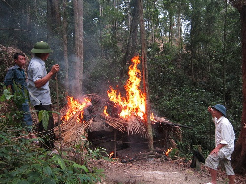 Đốt lều lán của người đào thạch anh. Ảnh: Hoàng Lam