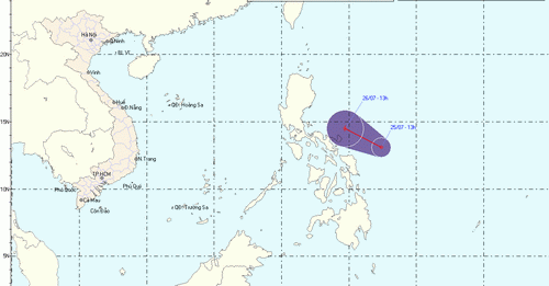 Đường đi và vị trí của áp thấp vào lúc 14g ngày 25-7-2011 - Nguồn: Khituongvietnam