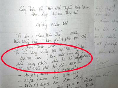 Vợ ông Ly cung cấp giấy vay tiền thể hiện bà Cúc vay của bà Hợi
