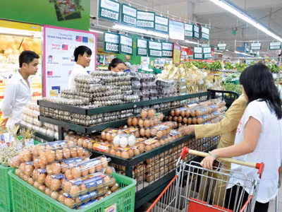 Giá trứng gia cầm tại các chợ đã giảm mạnh trong khi ở các siêu thị giá trứng, đặc biệt là hàng bình ổn vẫn giữ nguyên mức cũ - Ảnh: Diệp Đức Minh