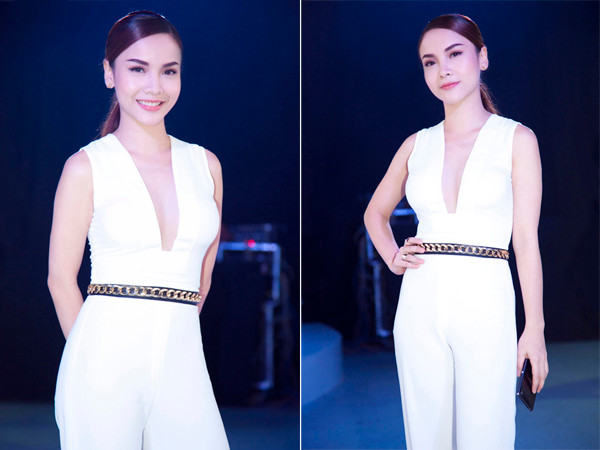 Yến Trang mặc jumpsuit trắng muốt tự thiết kế đi event