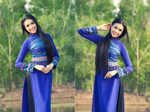 Lệ Hằng kín đáo mà gợi cảm với áo dài thổ cẩm