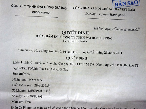 Quyết định bán xe của Công ty TNHH Đại Hùng Dương