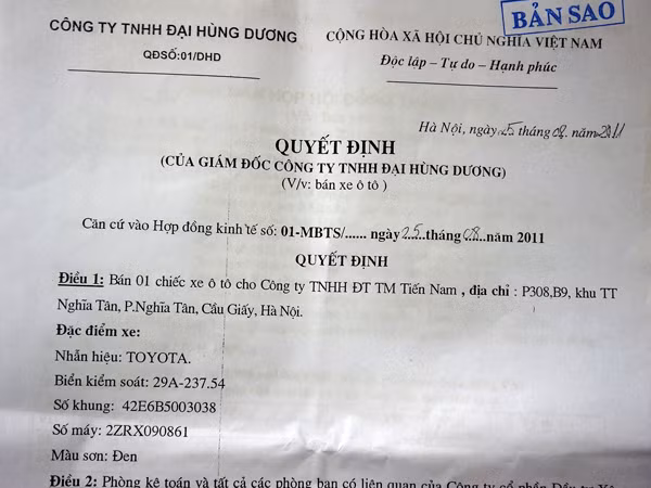 Quyết định bán xe của Công ty TNHH Đại Hùng Dương