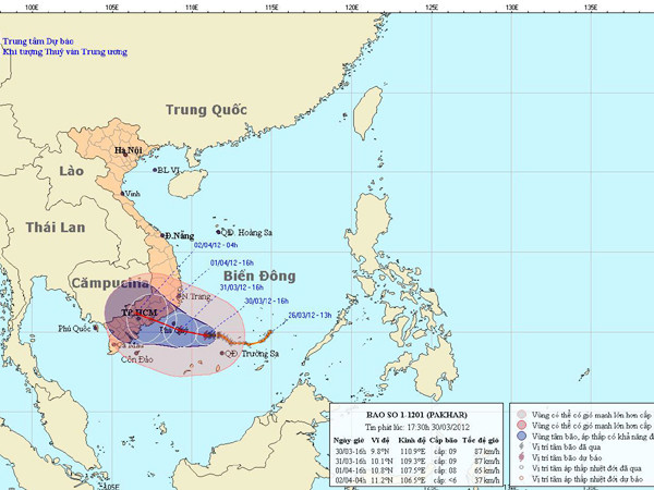 Bão có thể đổ bộ từ Ninh Thuận đến Bà Rịa-Vũng Tàu
