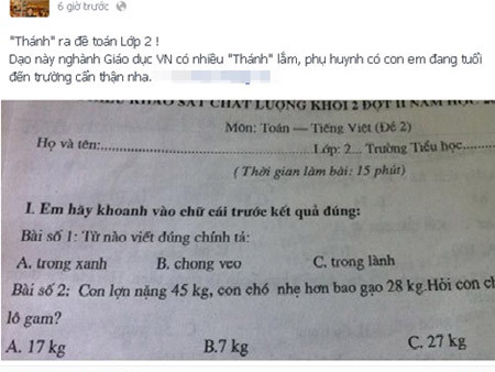 Đề toán lớp 2 quá 'hiểm', phụ huynh rối bời