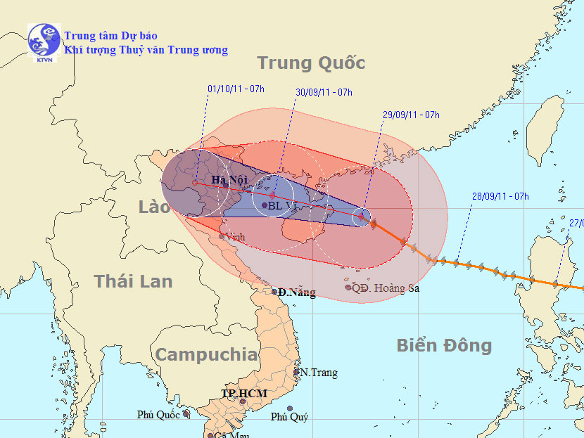 Đường đi và vị trí cơn bão số 5. Nguồn: Trung tâm Dự báo khí tượng thủy văn T.Ư ngày 29-9