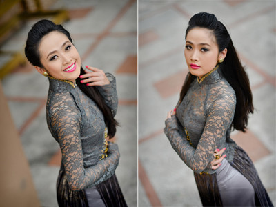 Lê Nhã Uyên khoe đường cong với áo dài ren