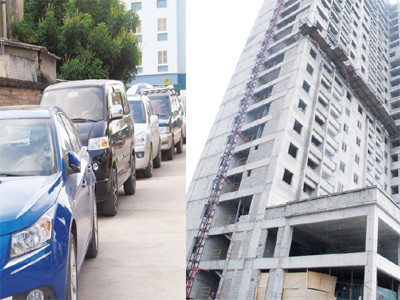 Ngày nhận đơn đăng ký mua nhà cho người thu nhập thấp, hàng đoàn ô tô lũ lượt kéo đến (ảnh nhỏ). Ngay từ lúc còn thi công dang dở, công trình nhà cho người thu nhập thấp đã thu hút được sự chú ý của nhiều người (ảnh lớn)