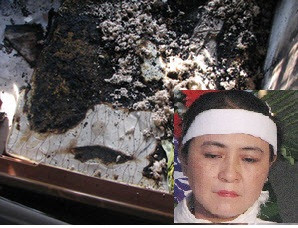 Bà Trần Thúy Liễu (Ảnh nhỏ) và hiện trường vụ cháy.