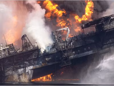 Hai ngày sau vụ nổ giếng dầu, Deepwater Horizon chìm xuống đáy biển Ảnh: The New York Times