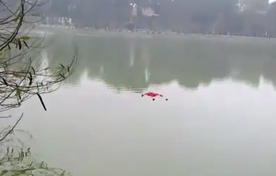 Giữa hồ, nam thanh niên đang tự đâm vào người mình.