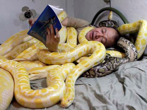 Người đàn ông nằm ngủ với trăn đón năm mới