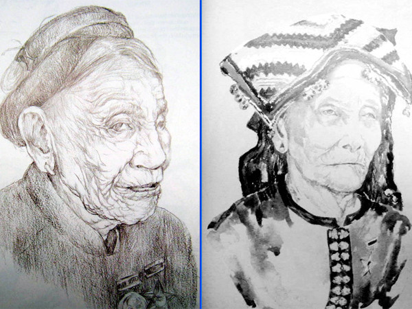 Một số chân dung Mẹ Việt Nam anh hùng tại triển lãm “Nét vẽ tri ân” của họa sĩ Đặng Ái Việt: Mẹ Lê Thị Đời ở Đồng Xoài, Bình Phước (trái), mẹ Quàng Thị Pháng, dân tộc Thái, Sơn La (phải)