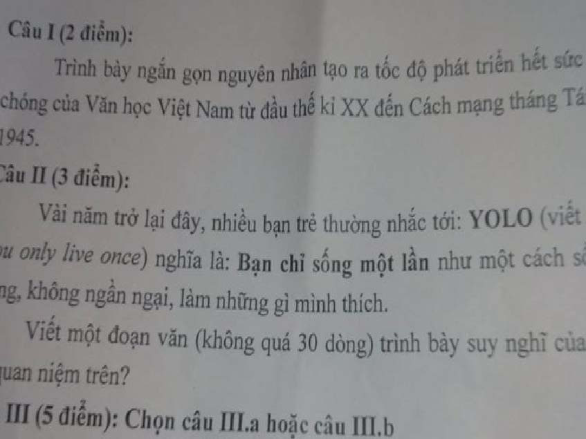 Xôn xao đề văn nghị luận về ‘YOLO’