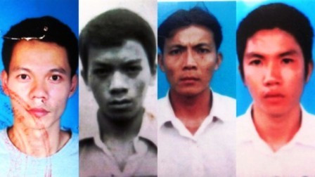 Chiến “lò thiêu” (trái) cùng các đối tượng Hải, Hiếu, Hoàng đang bị công an truy nã