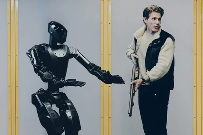 Robot hình người Phantom MK-1 và ông Mike LeBlanc trong một cuộc thử nghiệm vũ khí robot. Nguồn: Foundation.