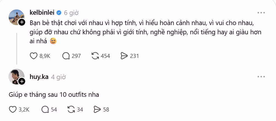 Dưới phần bình luận, Võ Điền Gia Huy làm dịu bầu không khí khi hài hước “gài kèo” đàn anh 10 bộ trang phục.