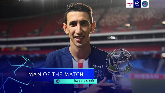 Di Maria giành danh hiệu cầu thủ xuất sắc nhất trận PSG - RB Leipzig.