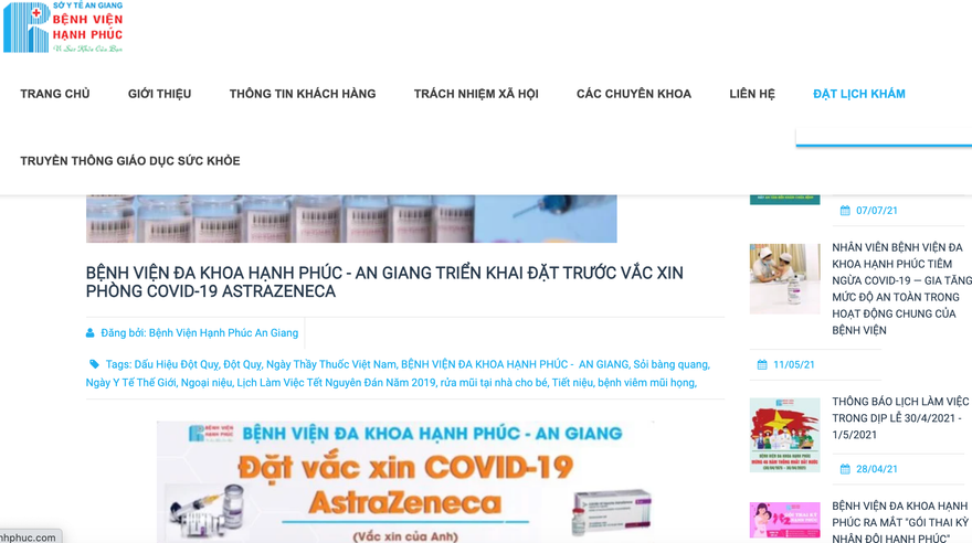 Bệnh viện tư nhân thông báo tiêm vắc xin COVID dịch vụ giá 1,5 triệu đồng/liều