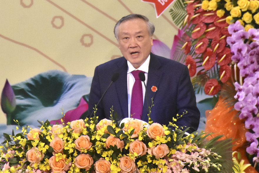 Ông Nguyễn Hòa Bình, Bí thư Trung ương Đảng, Chánh án Tòa án nhân dân tối cao phát biểu tại Đại hội. Ảnh: Báo Bà Rịa - Vũng Tàu