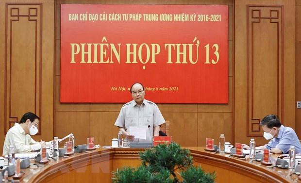 Chủ tịch nước Nguyễn Xuân Phúc, Trưởng Ban Chỉ đạo Cải cách Tư pháp Trung ương phát biểu. (Ảnh: TTXVN) 