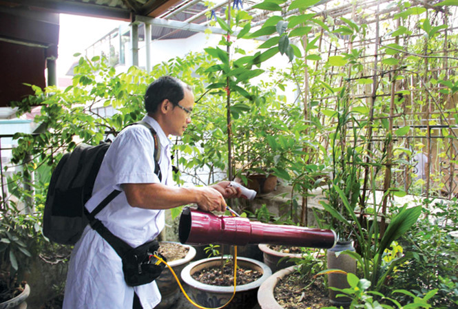 Các chuyên gia của Viện Sốt rét côn trùng và ký sinh trùng trung ương kiểm tra bọ gậy tại nhà dân