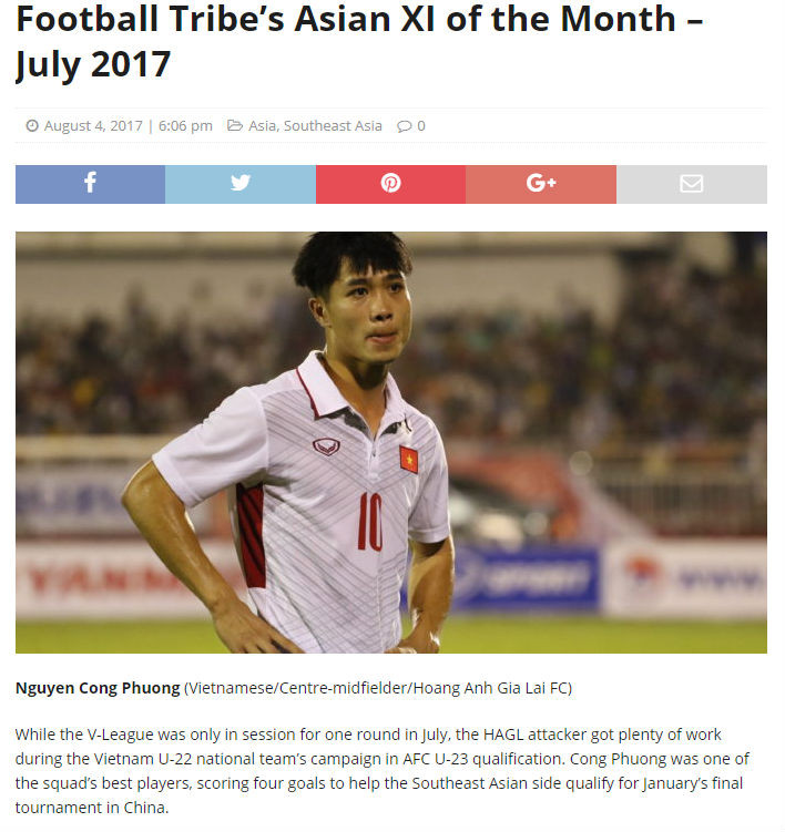 Công Phượng lọt đội hình tiêu biểu châu Á tháng 7.