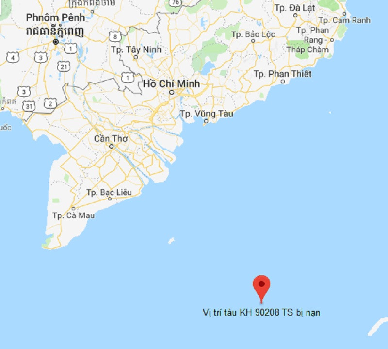 Vị trí tàu KH 90208 TS bị nạn