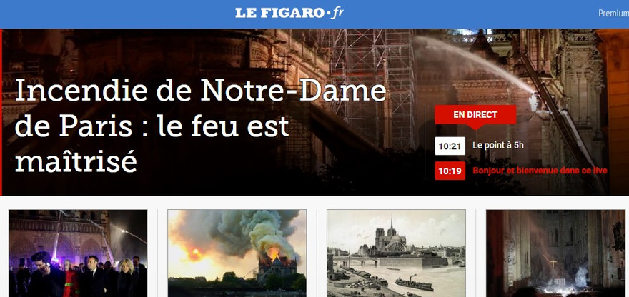 Trang nhất của báo điện tử Le Figaro của Pháp với các bài về vụ hỏa hoạn tại nhà thờ Đức Bà Paris.