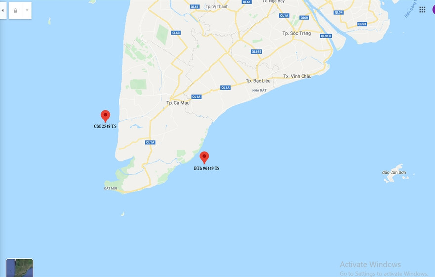 Vị trí 2 tàu cá của ngư dân chìm khi cách đất liền chỉ 6 hải lý.