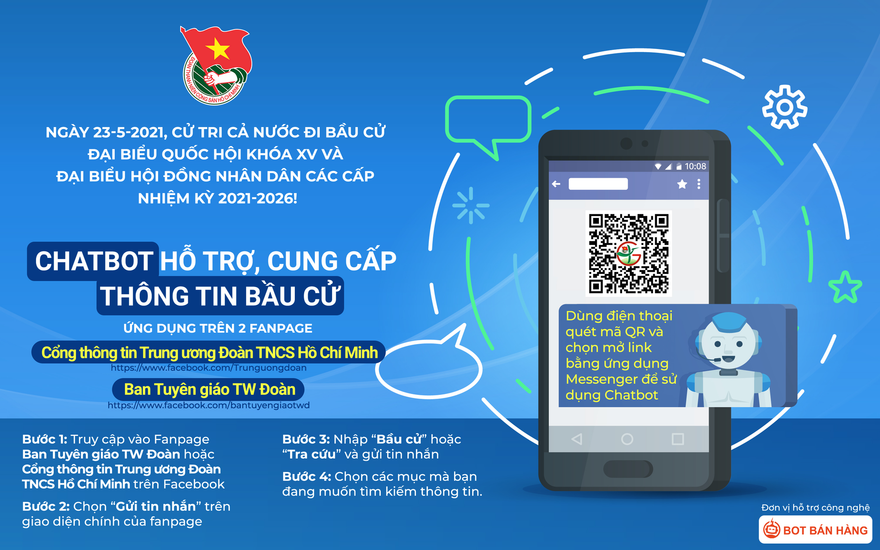 Chatbot hỗ trợ, cung cấp thông tin bầu cử ứng dụng trên 2 Fanpage: Cổng thông tin Trung ương Đoàn và Ban Tuyên giáo Trung ương Đoàn.