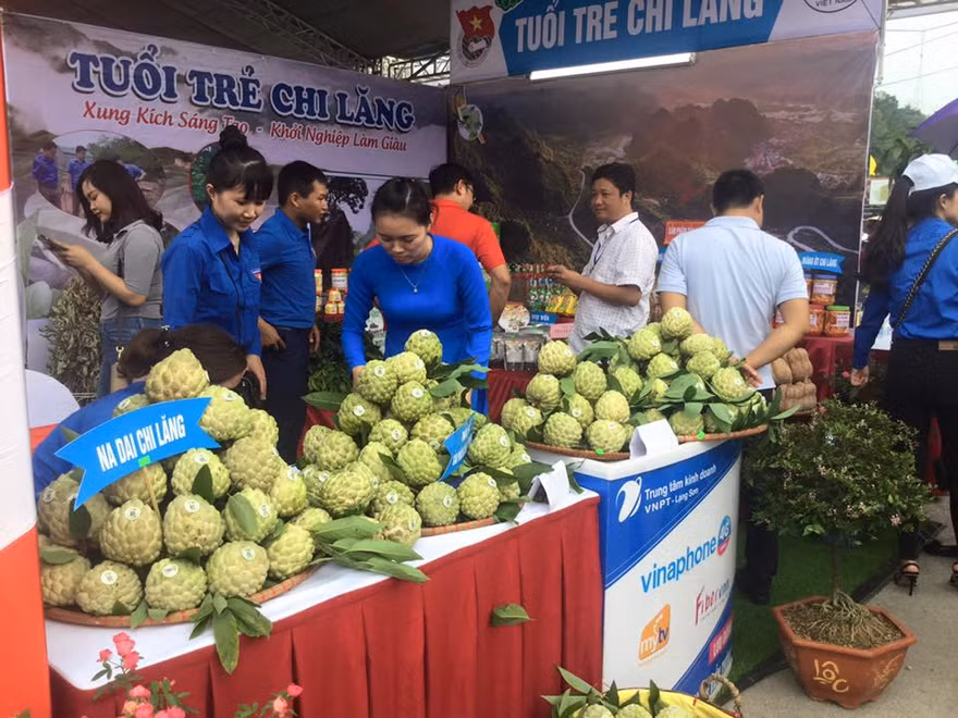 Gian hàng của Tuổi trẻ Chi Lăng hút khách với quả na đặc sản to, đẹp - Ảnh: Duy Chiến