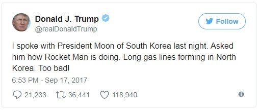 Trang Twitter của ông Trump gọi Nhà lãnh đạo Triều Tiên là "Rocket Man" ( người đàn ông tên lửa)