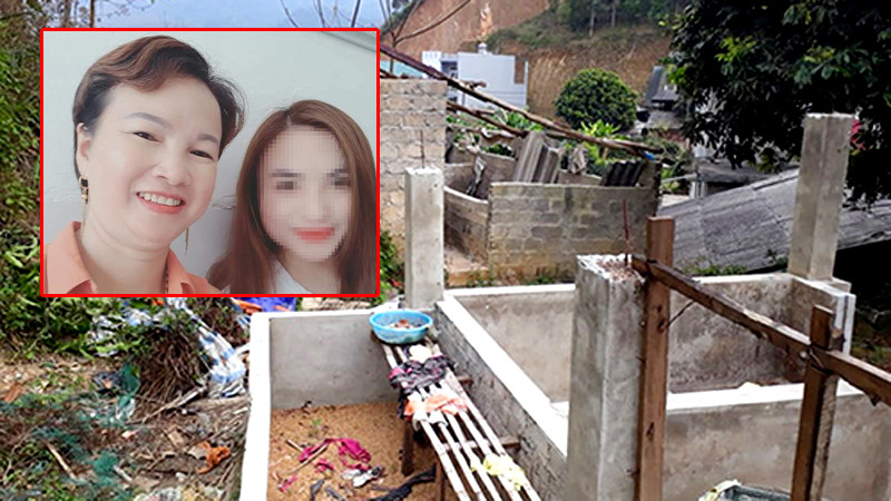 Bà Hiền cùng con gái tại hiện trường nơi phát hiện thi thể nạn nhân