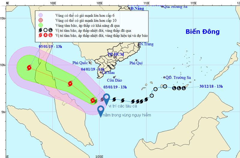 Vị trí các tàu cá nằm trong vùng nguy hiểm của Bão số 1. Ảnh Hệ thống Thông tin duyên hải Việt Nam cung cấp.