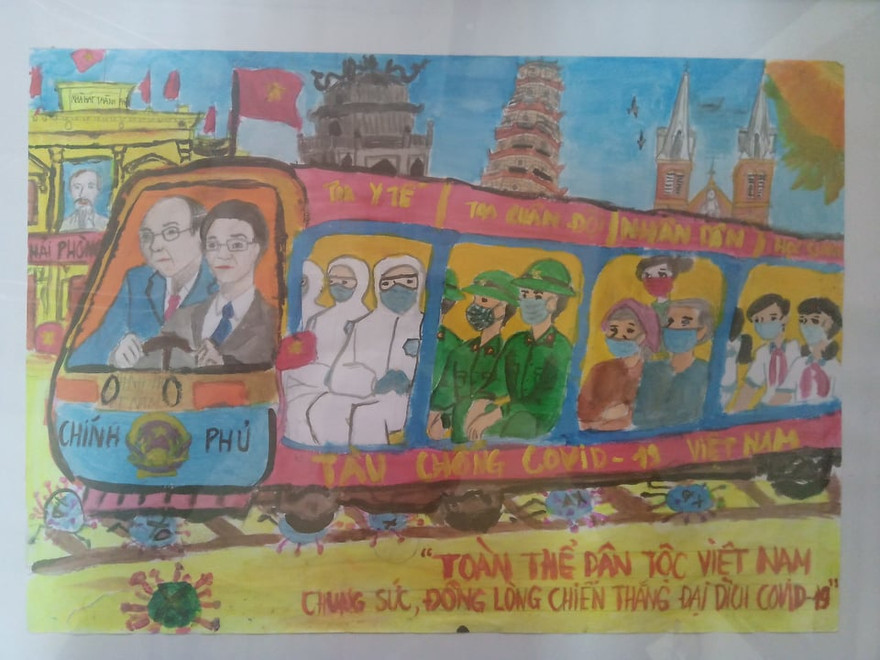 Bức tranh “Chuyến tàu Việt Nam đẩy lùi COVID-19” của em Đàm Trần Mai Lê, học sinh lớp 6A1 (Trường THCS Lâm Động, huyện Thủy Nguyên, TP Hải Phòng) giành giải đặc biệt cuộc thi vẽ tranh “Bảo vệ sức khỏe và phòng chống dịch bệnh COVID -19” 