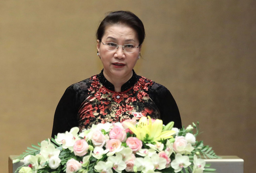 Phát biểu khai mạc kỳ họp, Chủ tịch Quốc hội Nguyễn Thị Kim Ngân nhấn mạnh: Năm 2018 là năm thứ ba của nhiệm kỳ Quốc hội khóa XIV, có rất nhiều nhiệm vụ quan trọng đặt ra đối với Quốc hội - Ảnh: Như Ý