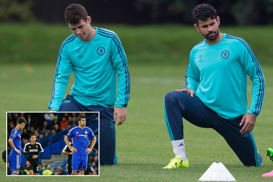 Diego Costa và Oscar va chạm nảy lửa với nhau trên sân tập.