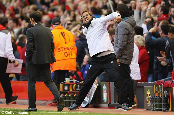 Jurgen Klopp phấn khích khi Liverpool giành vé vào chung kết Europa League.