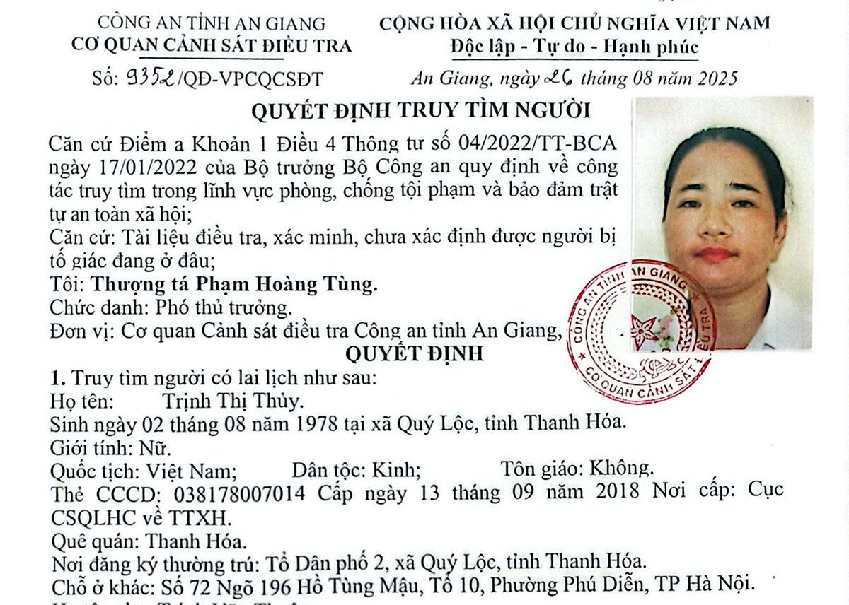 Quyết định truy tìm Trịnh Thị Thủy để phục vụ công tác điều tra. thuy-copy.jpg