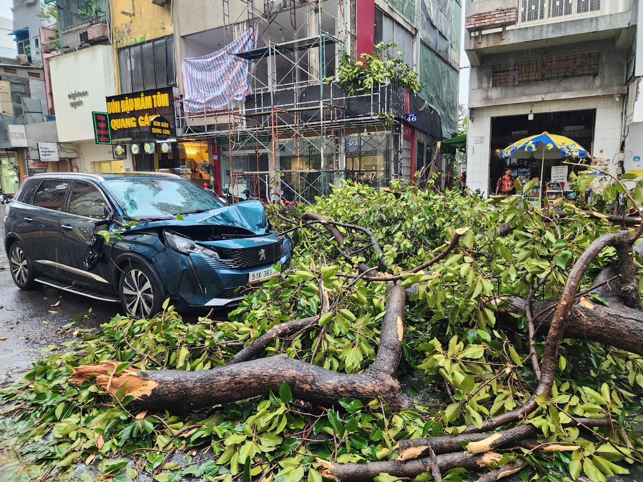 Tại đường Trần Quang Diệu, phường Nhiêu Lộc (Q. 3 cũ), một nhánh cây khoảng 30 cm bị gãy, rơi đè trúng xe ô tô. Sự cố khiến phần đầu xe bị móp, hư hỏng nặng. Ảnh: CTV cay-gay-do.jpg