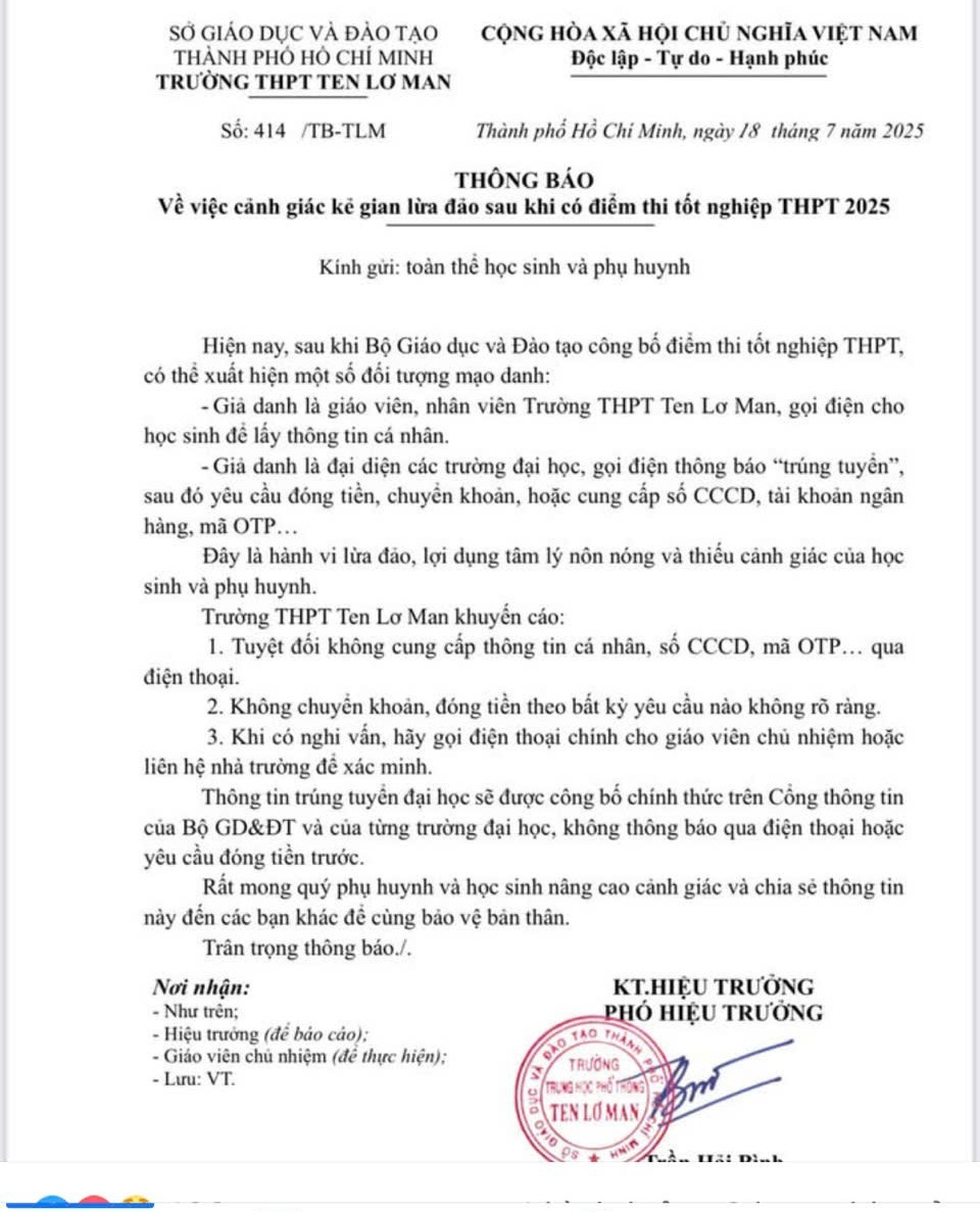 Trường THPT Ten Lơ Man ra thông báo ngay khi xuất hiện các cuộc gọi lừa đảo học sinh, phụ huynh. z6833973302933-88c9053298788fad12559df46ebe8900.jpg