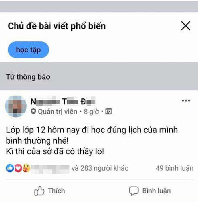 Dòng trạng thái được giáo viên này đưa lên mạng trước giờ học sinh làm bài khảo sát môn Toán 29/5. 