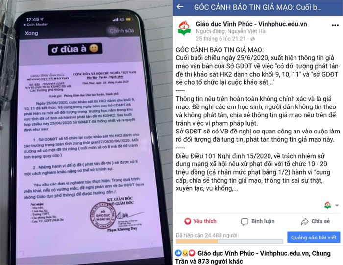 Sở GD&ĐT ngay sau đó đã có thông báo về việc giả mạo văn bản cho học sinh được biết. 