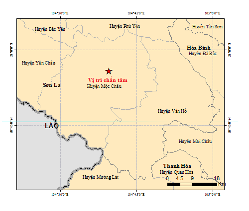 Tâm chấn trận động đất thứ ba trong chiều nay ở Mộc Châu, Sơn La. Nguồn: Trung tâm báo tin động đất và cảnh báo sóng thần. 