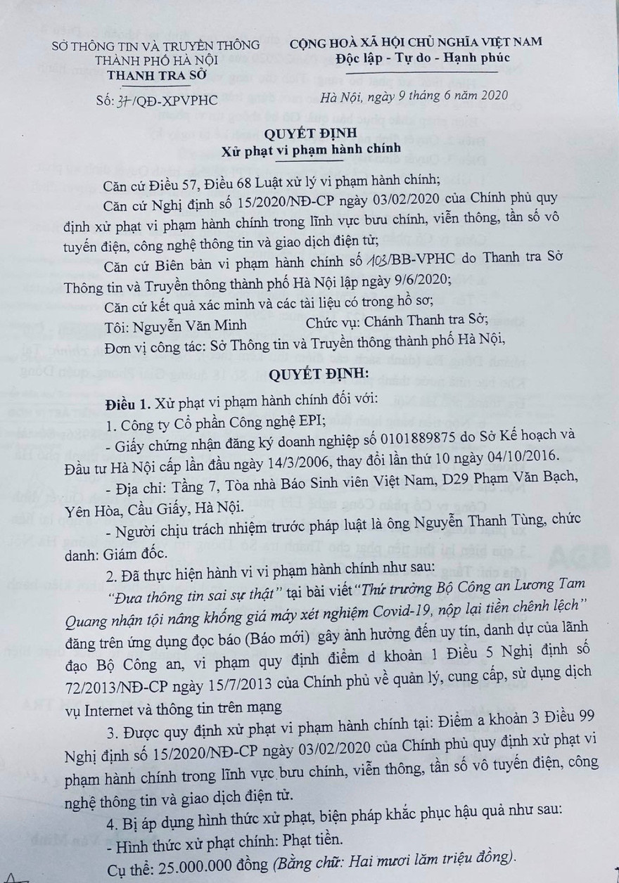 Quyết định xử phạt vi phạm hành chính với ứng dụng đọc báo Báo Mới.