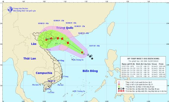 Dự báo vị trí và đường đi của áp thấp nhiệt đới trên Biển Đông.