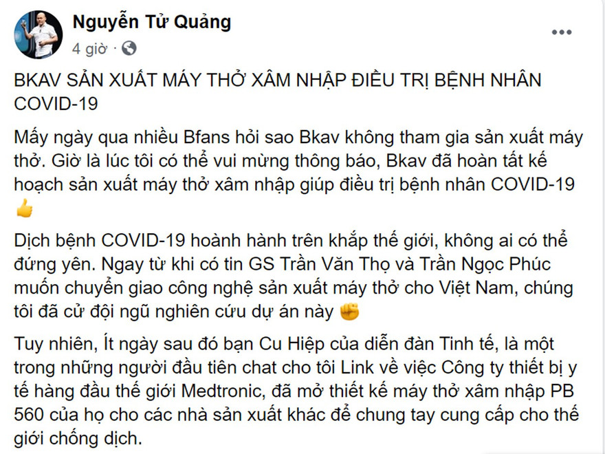 Ông Nguyễn Tử Quảng bật mí Bkav sản xuất máy thở xâm nhập